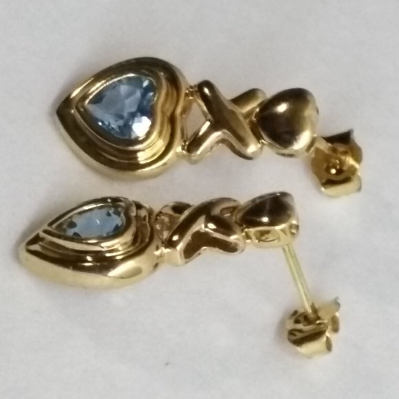 14k Yellow Gold Swiss Blue Topaz XOXO Earrings - Picture 3 of 6